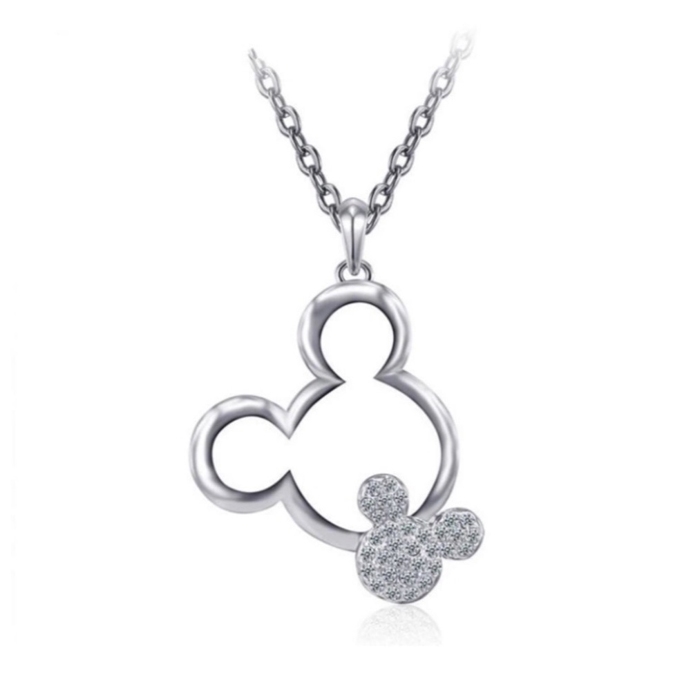 Mickey and Minnie Sterling Silver Rhinestone Mickey Head 18” Necklace